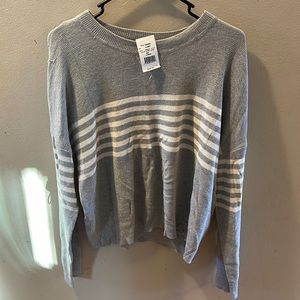 Dry goods, store, gray and white, striped cream, stripe, sweater, size large